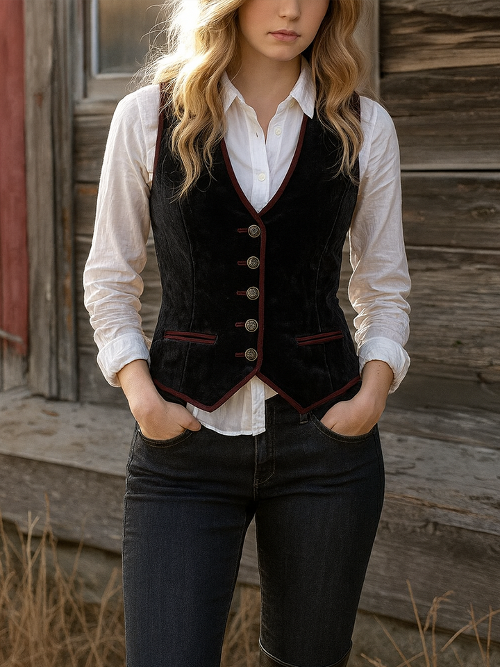 Retro Long Velvet Jacket with Contrasting Accents
