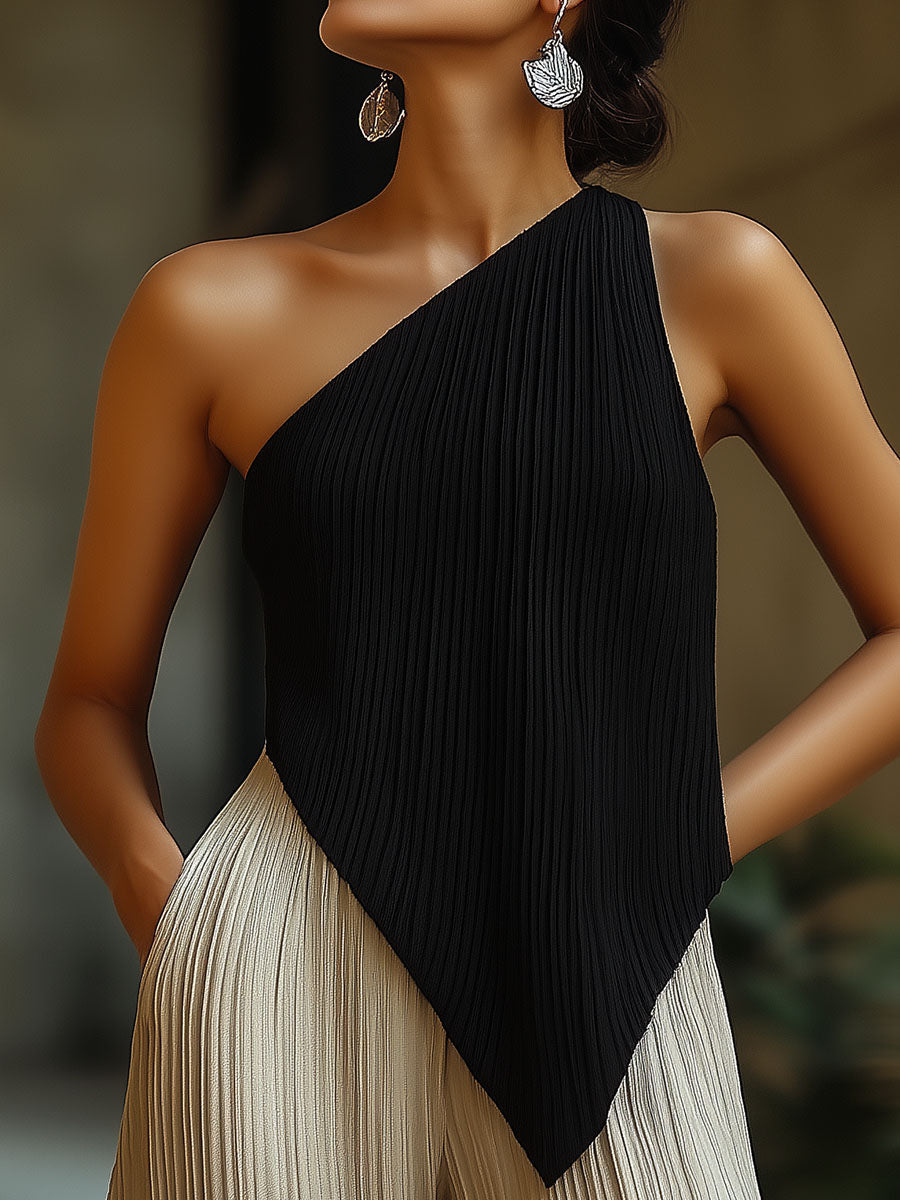 One-Shoulder Minimalist Asymmetrical Pleated Top
