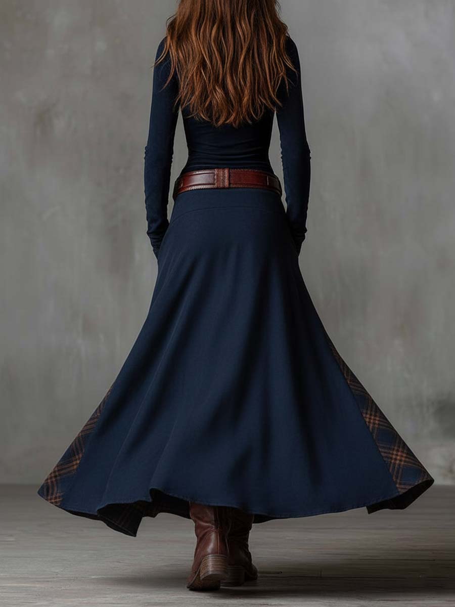 Vintage-Inspired Patchwork Suede Maxi Dress with Plaid Details