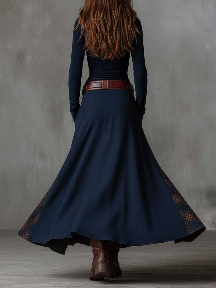 Vintage-Inspired Patchwork Suede Maxi Dress with Plaid Details