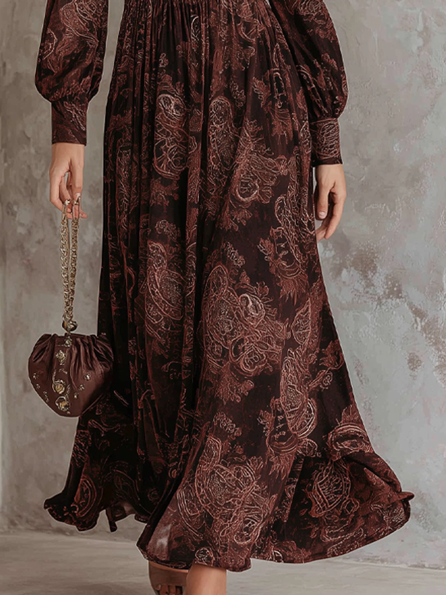 Paisley Print Retro Midi Dress with Long Sleeves and Zip Neck