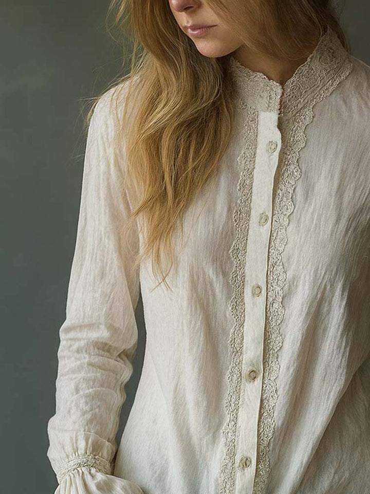 Vintage-Inspired Blouse with Lace Accents and Ruffled Details