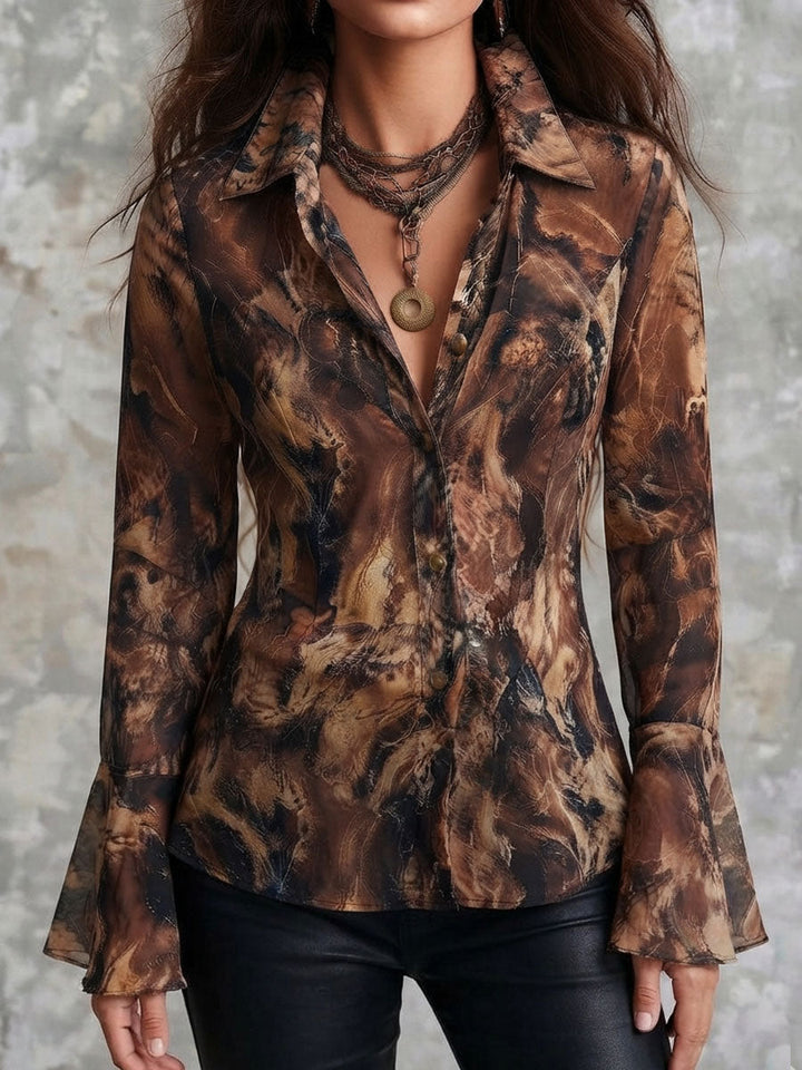 Earthy Toned Satin Blouse with Abstract Print and Puff Sleeves