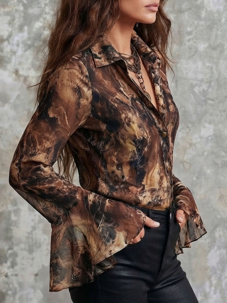 Earthy Toned Satin Blouse with Abstract Print and Puff Sleeves