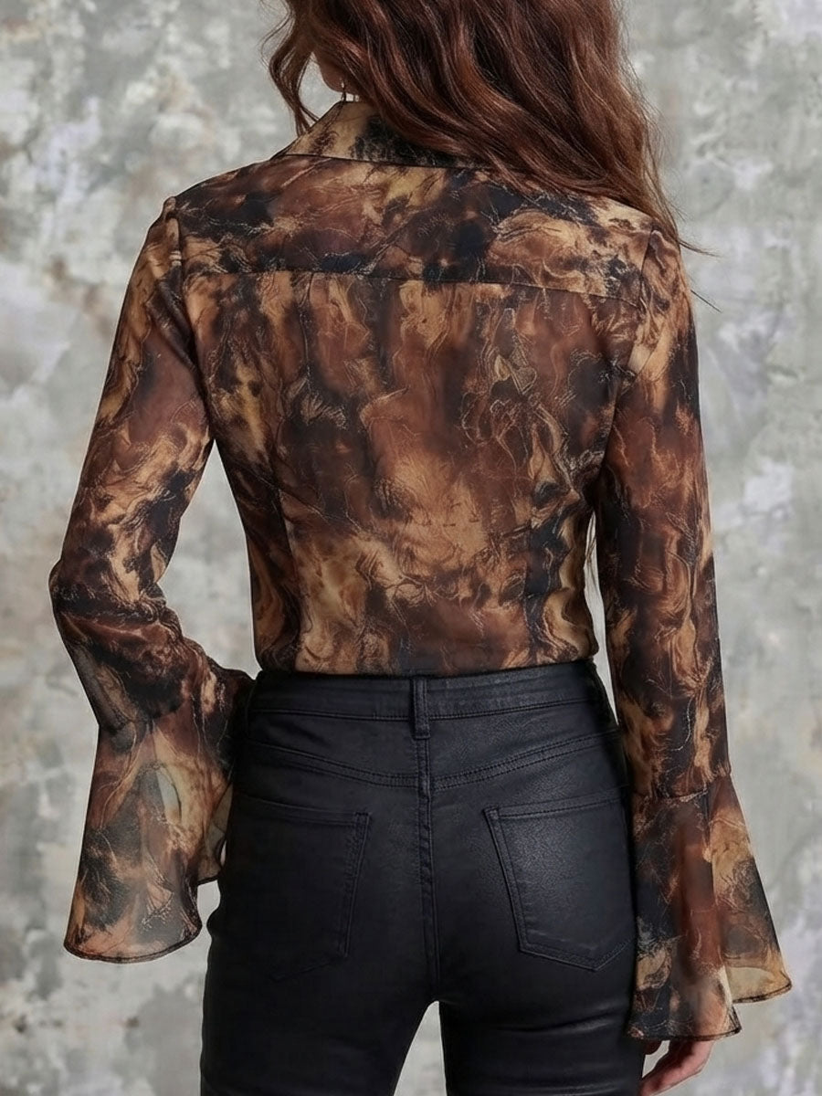 Earthy Toned Satin Blouse with Abstract Print and Puff Sleeves