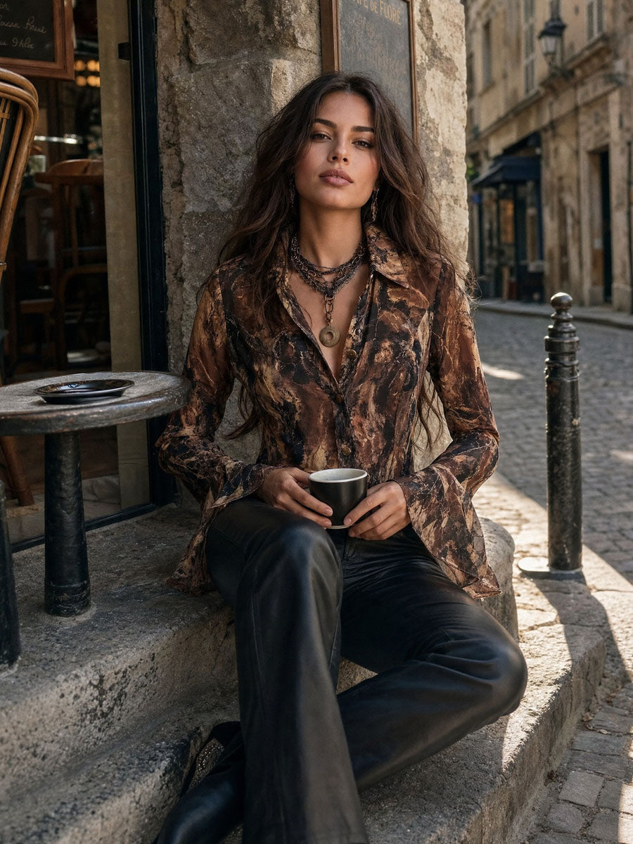 Earthy Toned Satin Blouse with Abstract Print and Puff Sleeves