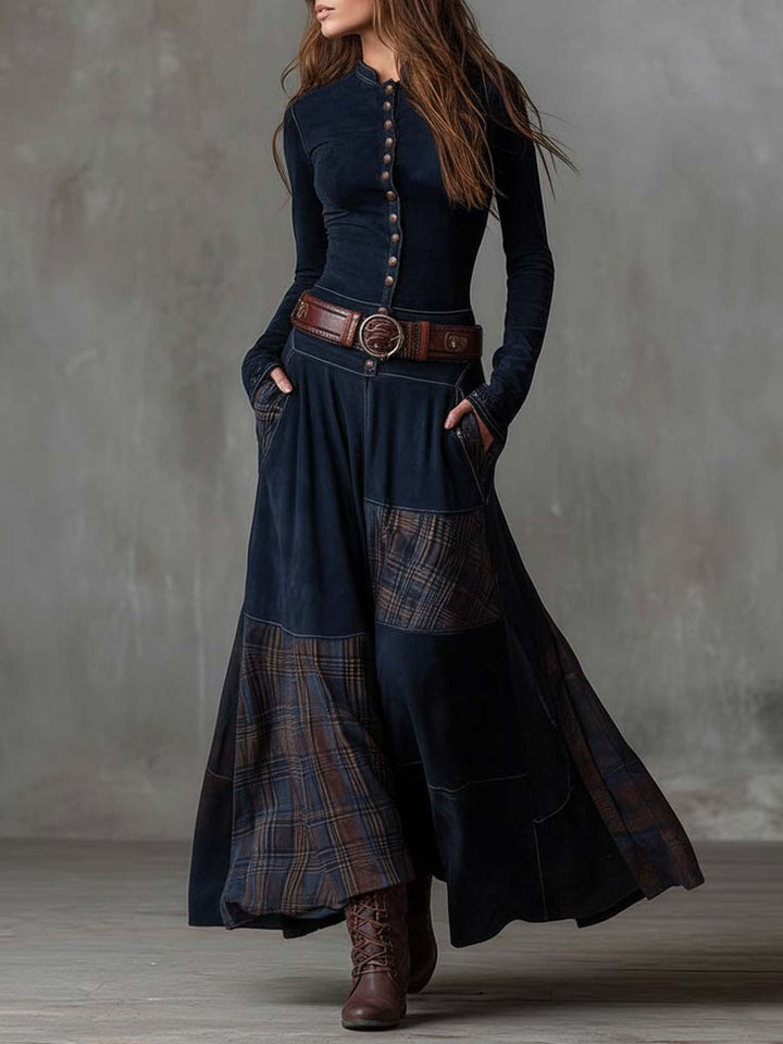 Vintage-Inspired Patchwork Suede Maxi Dress with Plaid Details