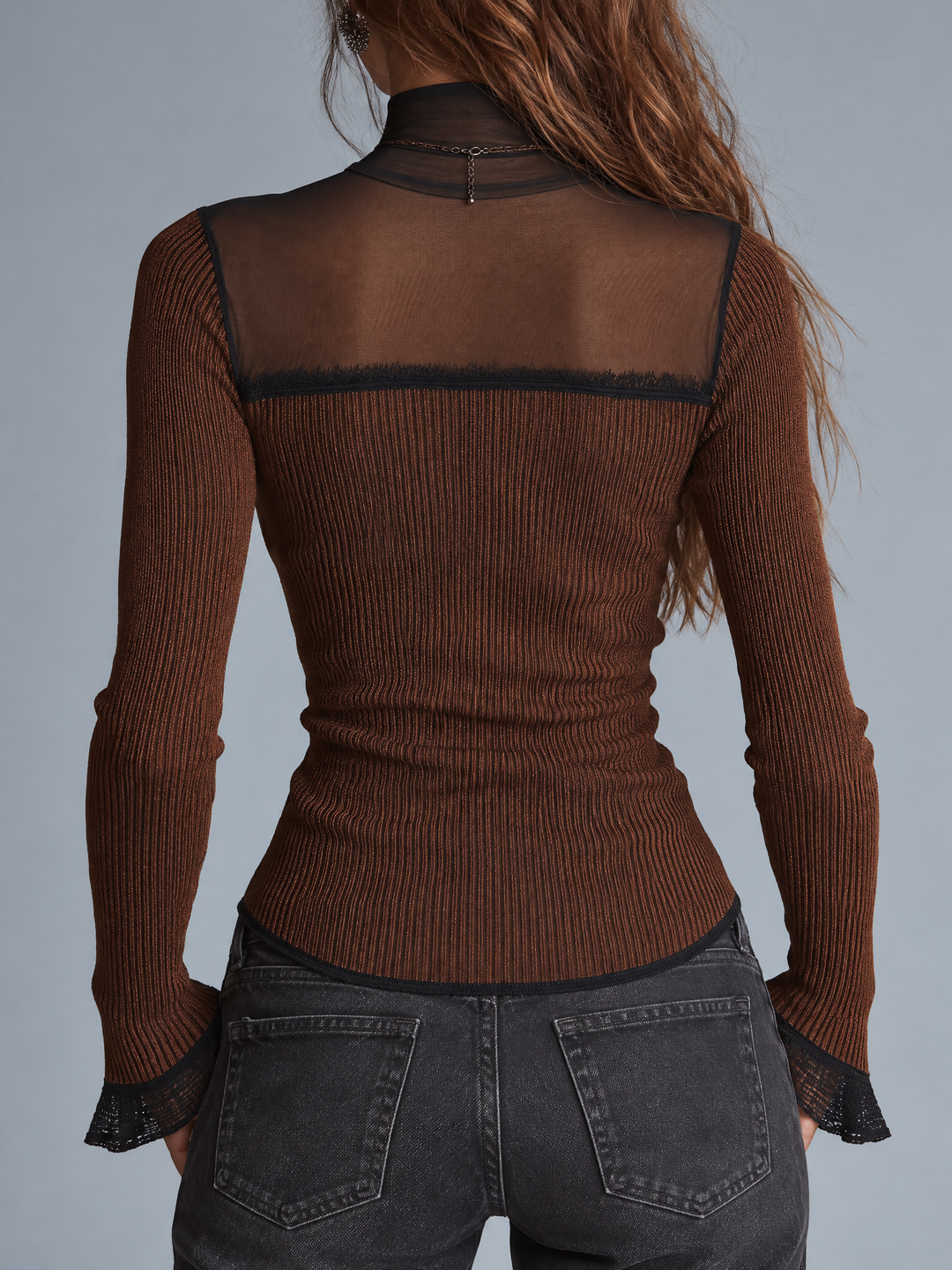 Retro Ruby Brown Patterned Mesh Top