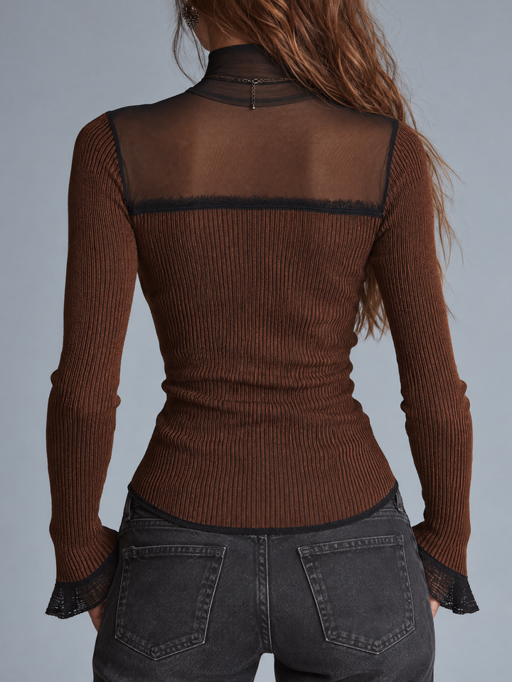 Retro Ruby Brown Patterned Mesh Top
