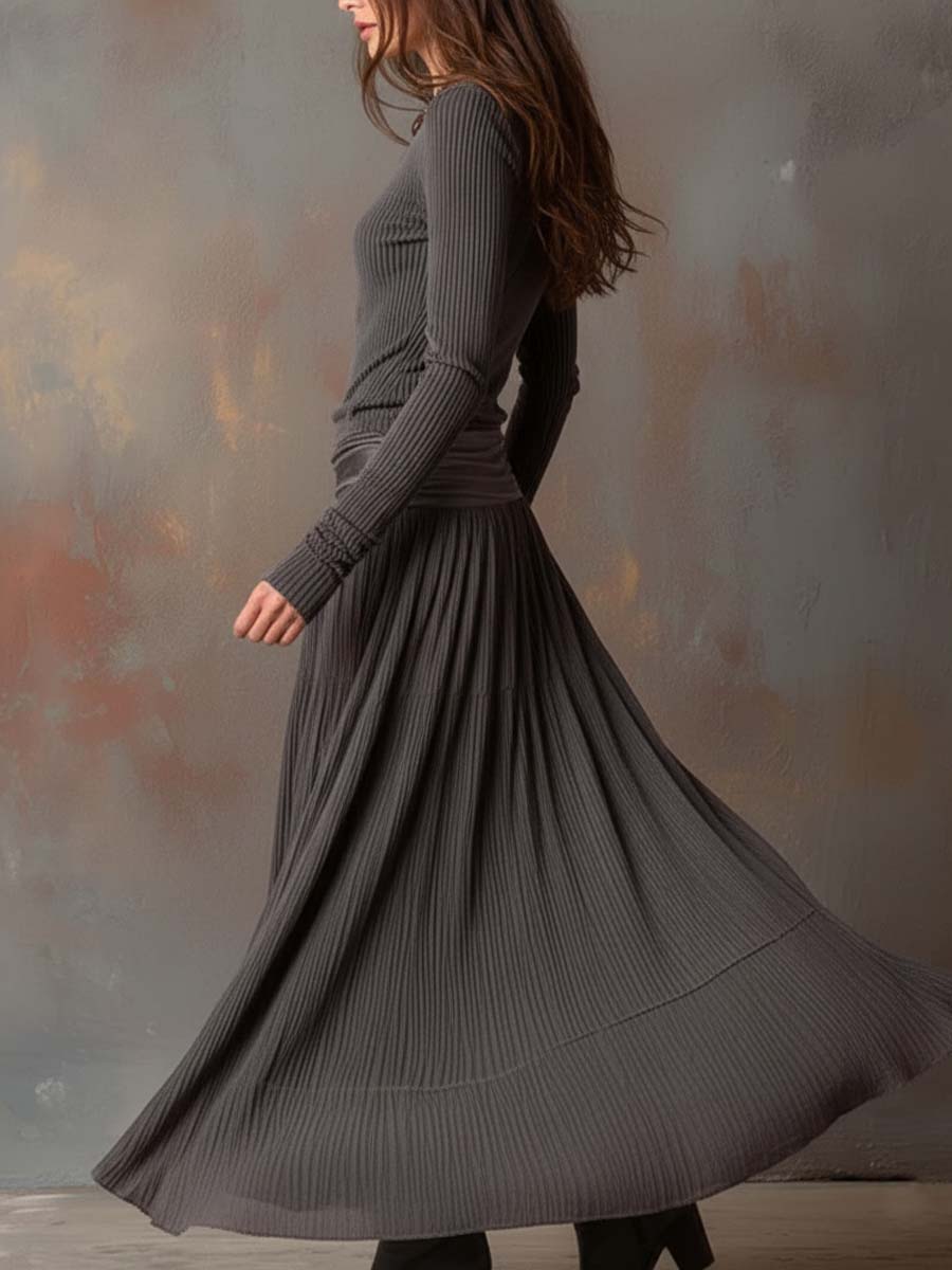 Charcoal Grey Vintage Ribbed Knit Long Dress