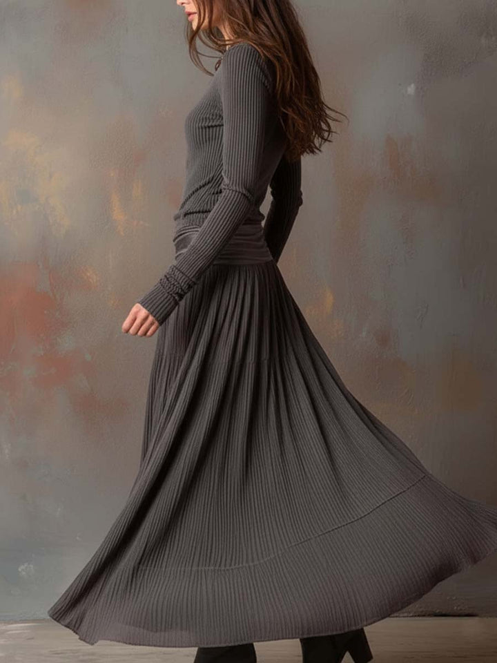 Charcoal Grey Vintage Ribbed Knit Long Dress
