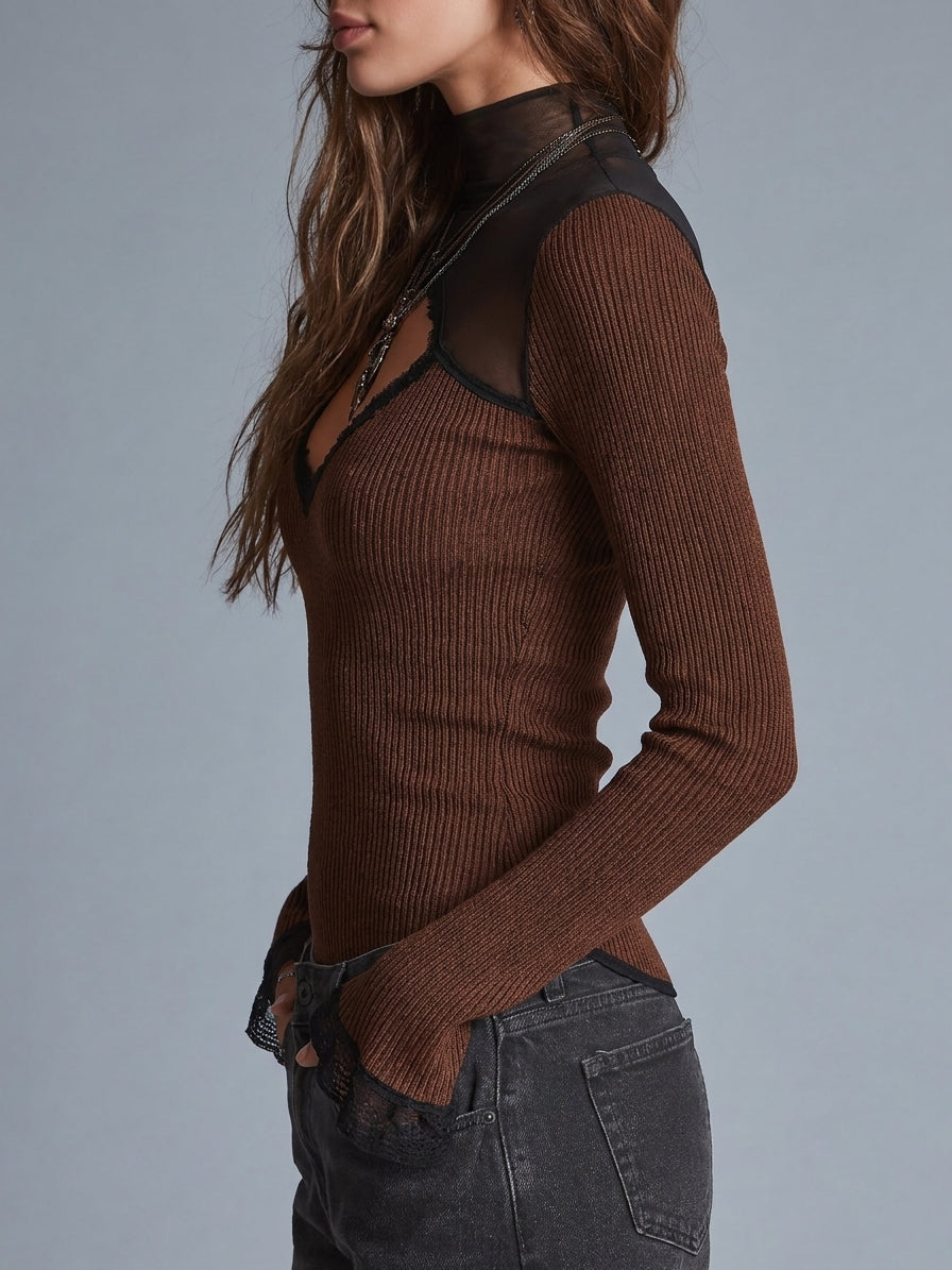 Retro Ruby Brown Patterned Mesh Top