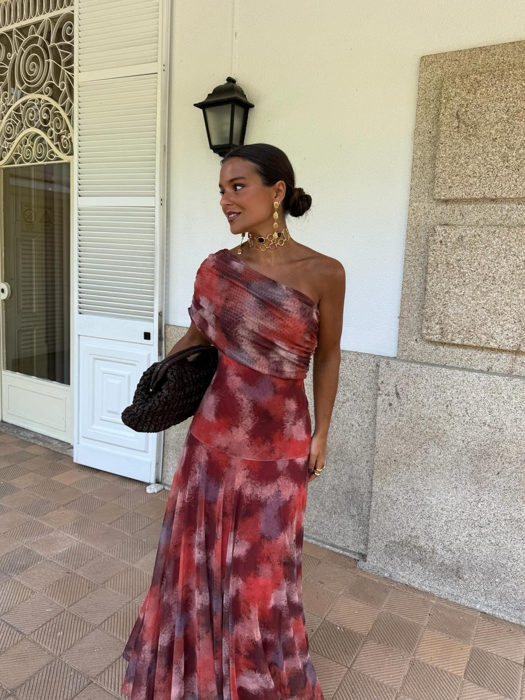 Tavira - Long Dress with Off-Shoulder Straps in Watercolour