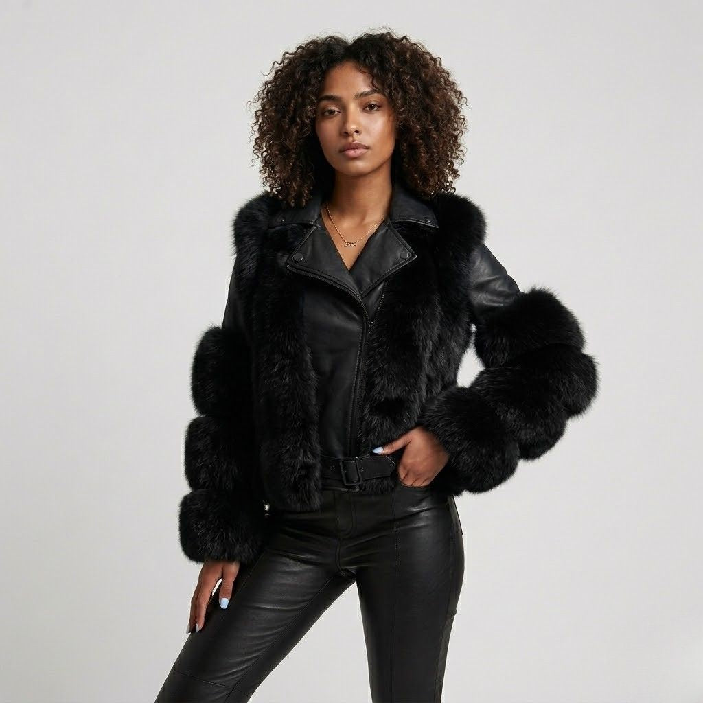 Tailored Biker Jacket Crafted from a Polyester-Acrylic Blend with a Bold Wide Collar