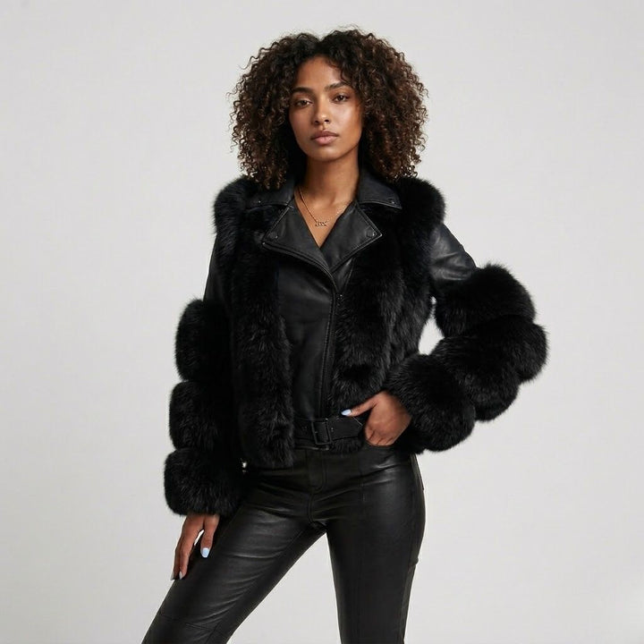 Tailored Biker Jacket Crafted from a Polyester-Acrylic Blend with a Bold Wide Collar