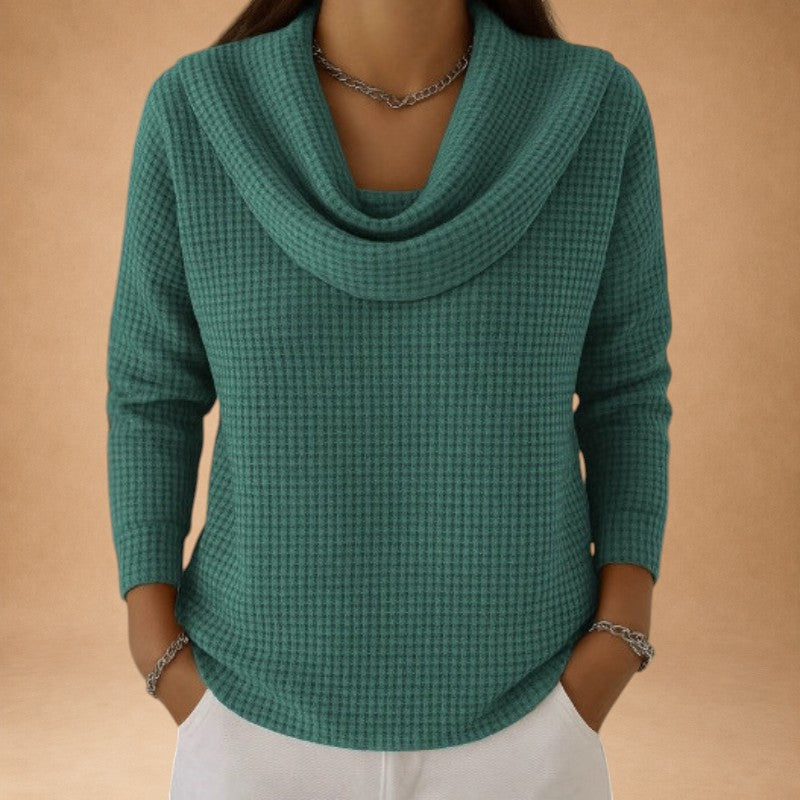 Marina – Warm Knitted Top with Waffle Texture and Elegant Draped Collar