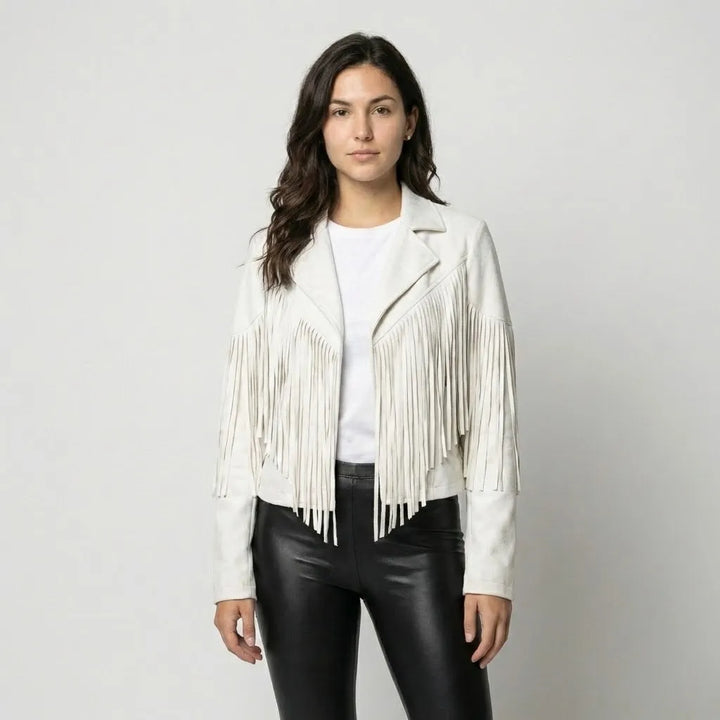 Boho-Inspired Short Jacket with Suede Finish and Fringe Details