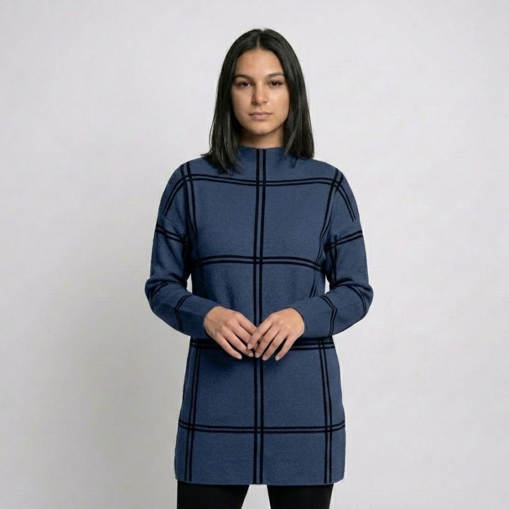 Urban-Style Long Knitted Sweater in Geometric Pattern - Acrylic and Polyester Blend