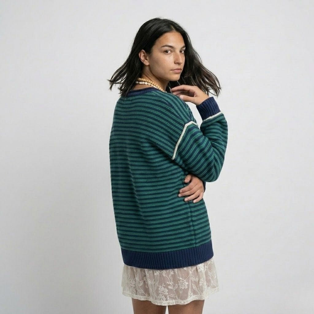 Casual Loose-Fit Cotton Sweater with Eye-Catching Stripes