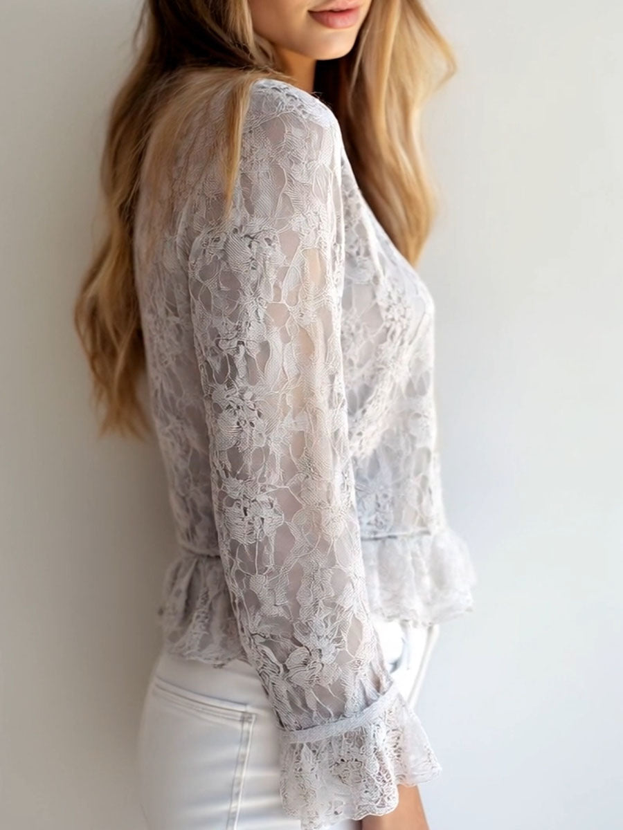 Contemporary V-Neck Shirt with Button Details and Long Lace Sleeves