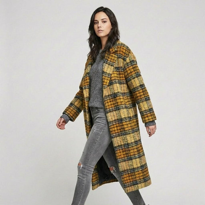 Straight-Cut Long Wool Coat with Unique Checked Design