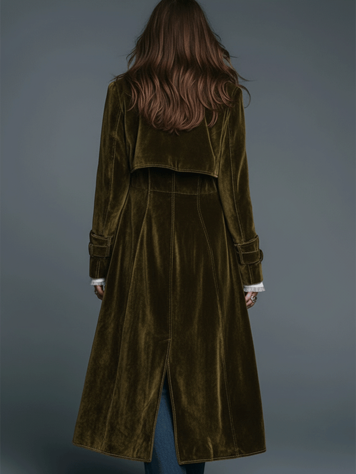 Bohemian Olive Velvet Long Coat with Leopard Print Collar