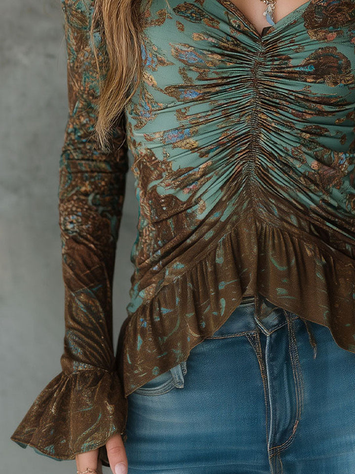 Bohemian Saz Blouse Featuring Copper Floral Accents and Ruffled Hem