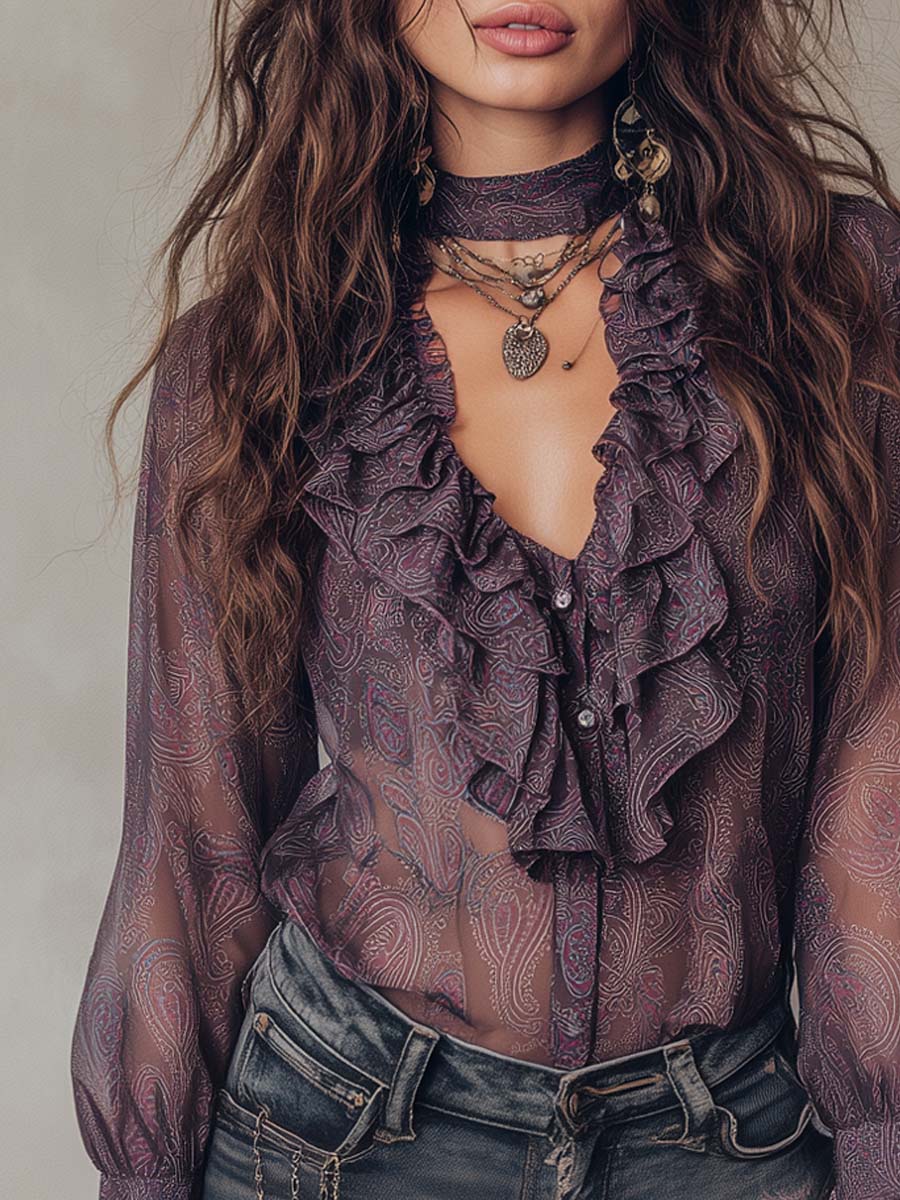 Vintage-Inspired Paisley Chiffon Blouse with Ruffled Collar