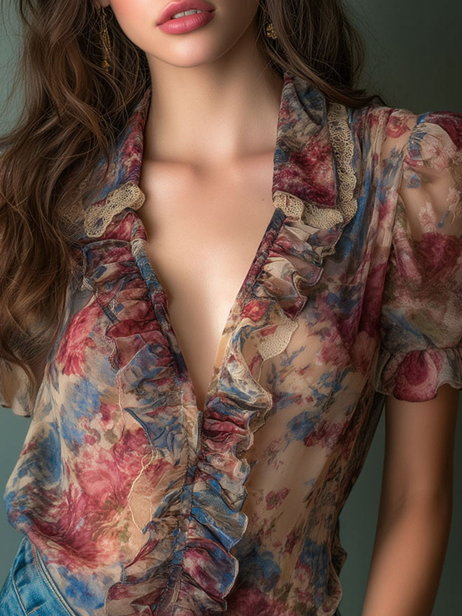 Retro Sheer Floral Blouse Featuring Stripes and Puff Sleeves