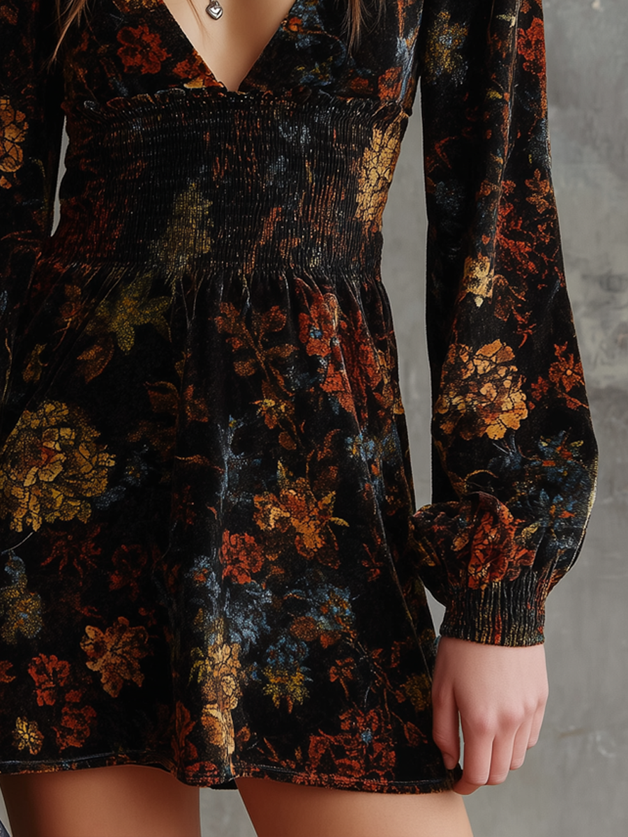 Vintage-Inspired Velvet Mini Dress with Pleated Waist and Floral Design