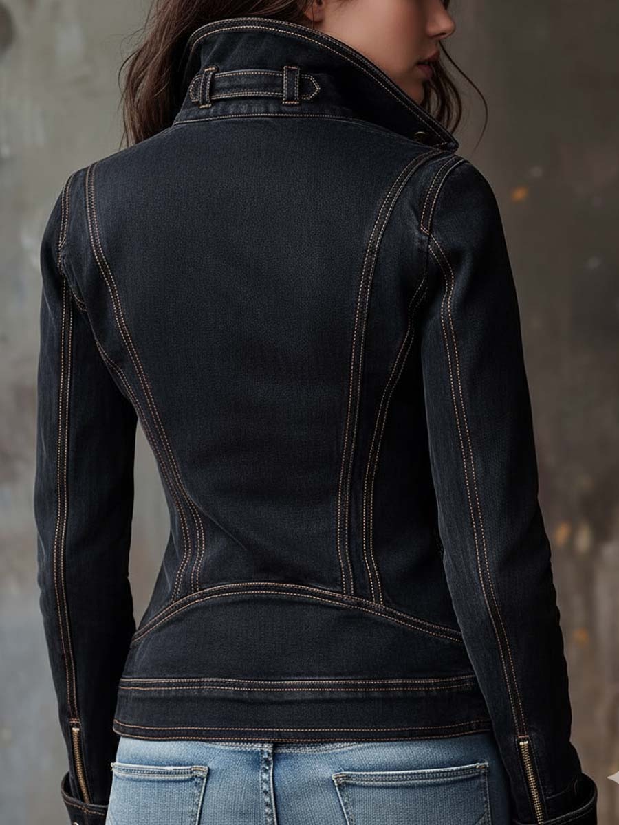 Distressed Dark Grey Denim Biker Jacket