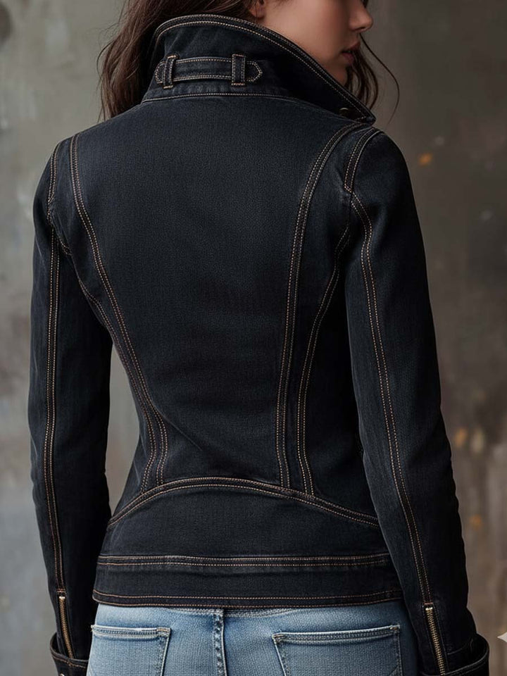Distressed Dark Grey Denim Biker Jacket