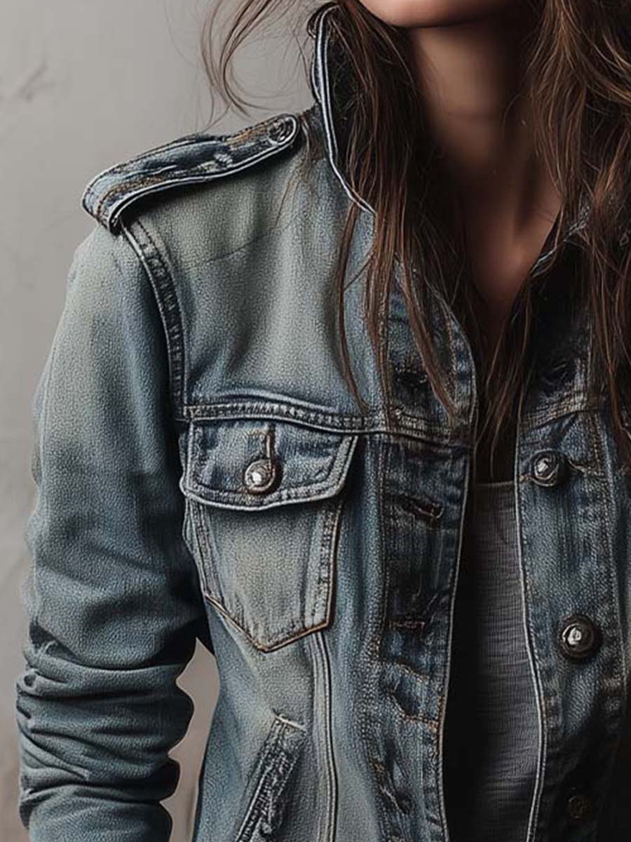 Distressed Denim Jacket with Layered Overlays