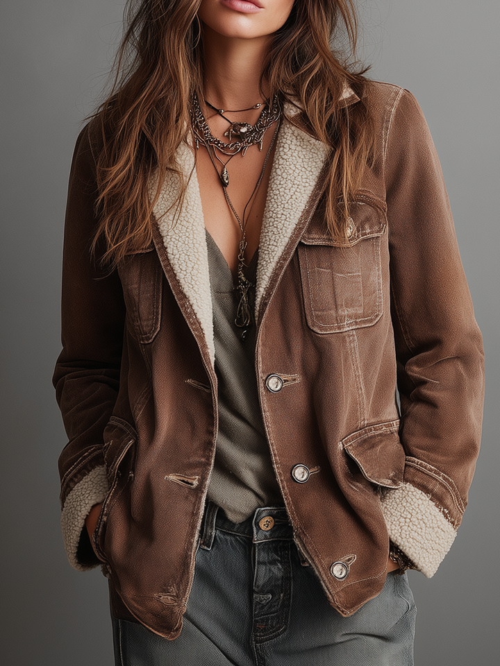 Vintage-Inspired Denim Jacket Featuring Multiple Pockets and Cozy Faux Sherpa Lining