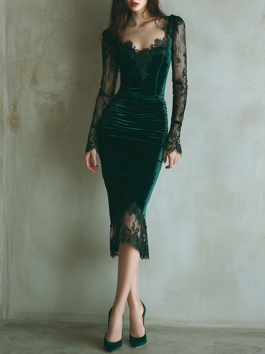 Chic Green Velvet Midi Dress with Lace Accents and Long Sleeves