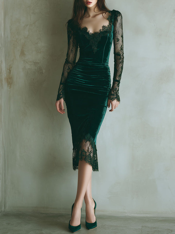 Chic Green Velvet Midi Dress with Lace Accents and Long Sleeves