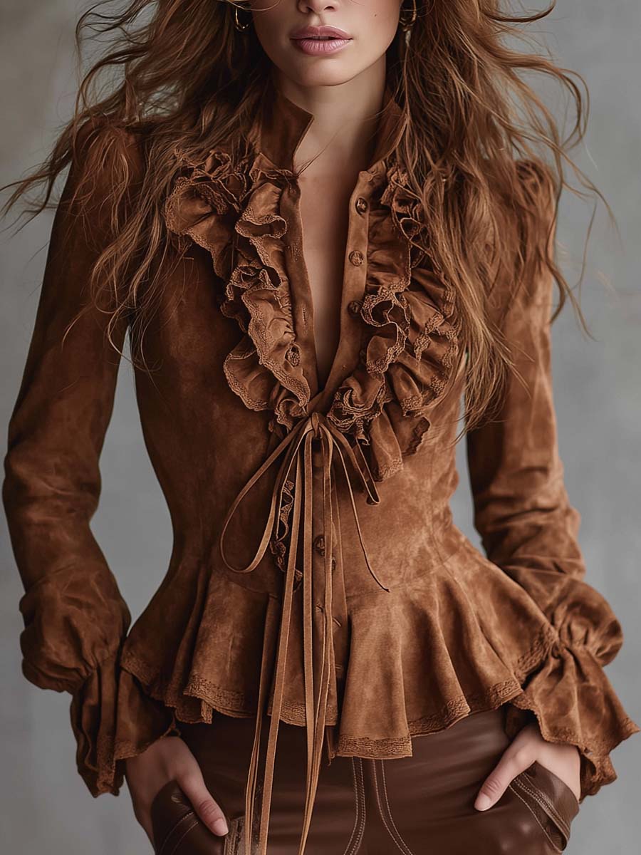 Retro Eco-Conscious Suede Blouse Featuring Lace Details