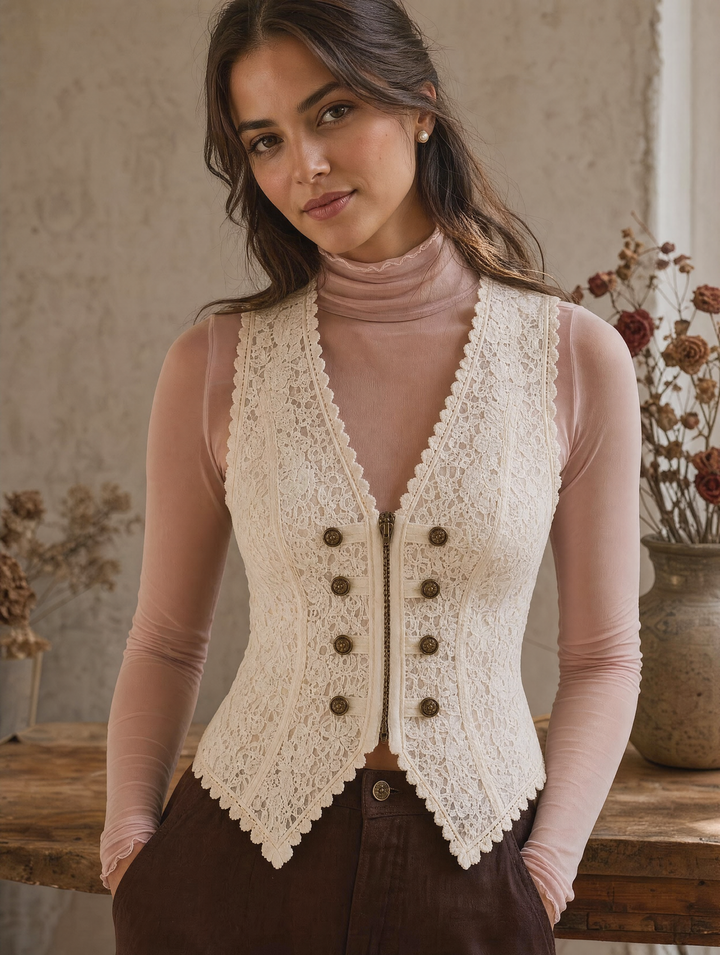 Chic Bohemian Cream Floral Lace Double-Breasted Vest