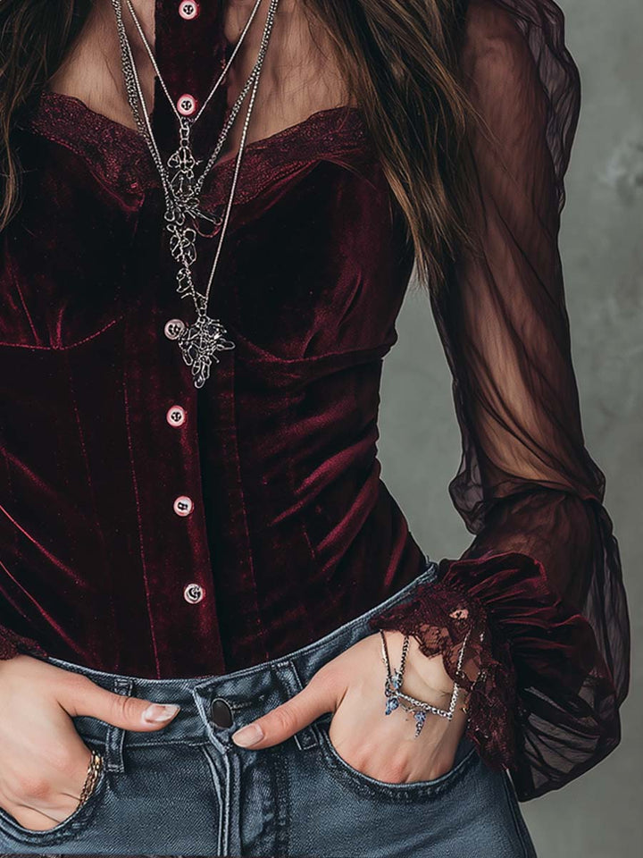 Vintage-Inspired Velvet Blouse with Sheer Sleeves