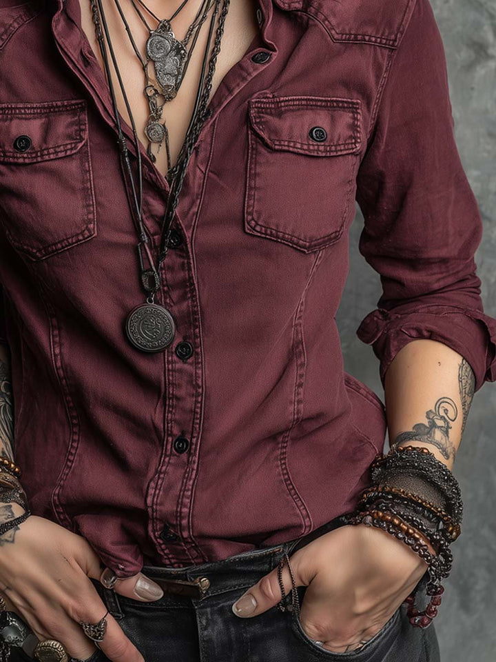 Vintage-Inspired Long Sleeve Denim Shirt with Chest Pocket
