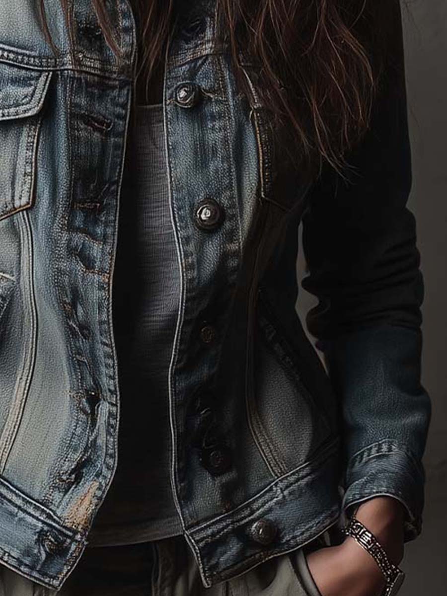 Distressed Denim Jacket with Layered Overlays