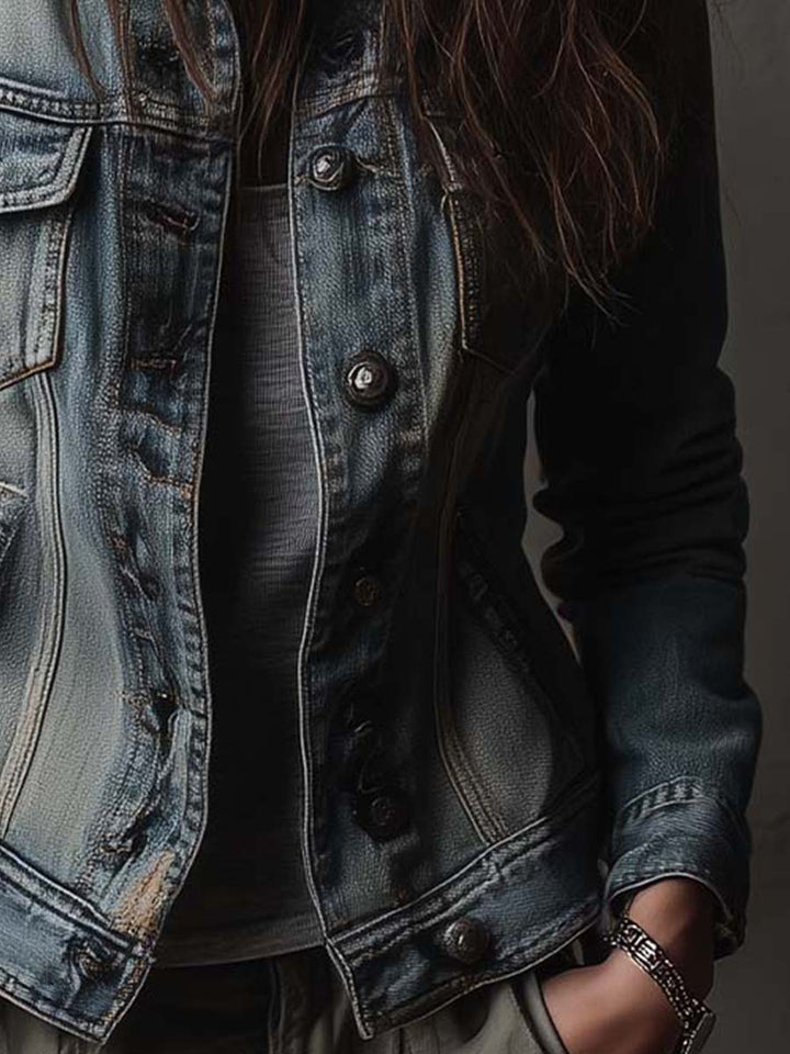 Distressed Denim Jacket with Layered Overlays