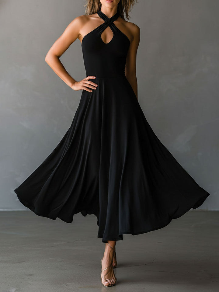 Vintage-Inspired Black Midi Dress with Neck Tie