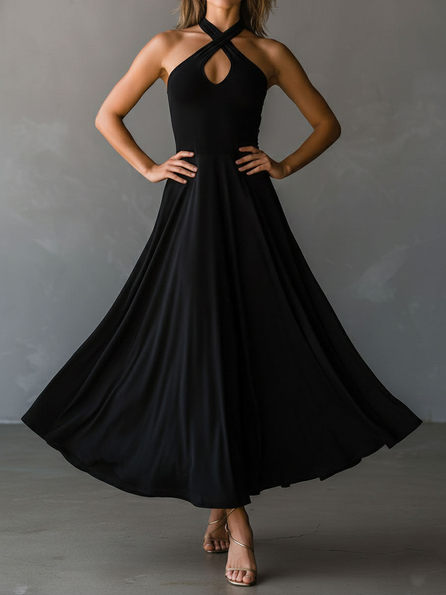 Vintage-Inspired Black Midi Dress with Neck Tie