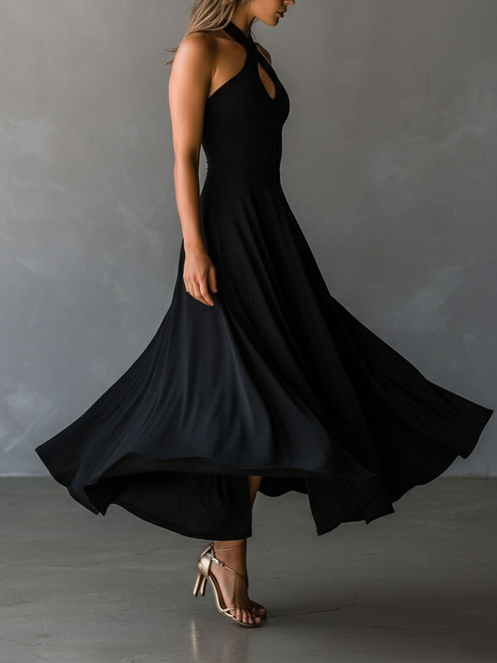 Vintage-Inspired Black Midi Dress with Neck Tie
