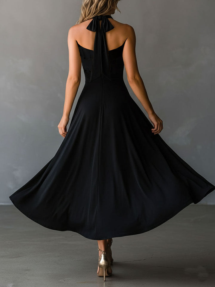 Vintage-Inspired Black Midi Dress with Neck Tie