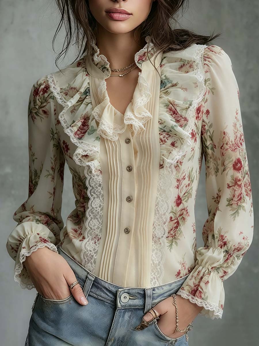 Retro Floral Satin Blouse with Lace and Vintage Oil Painting Design