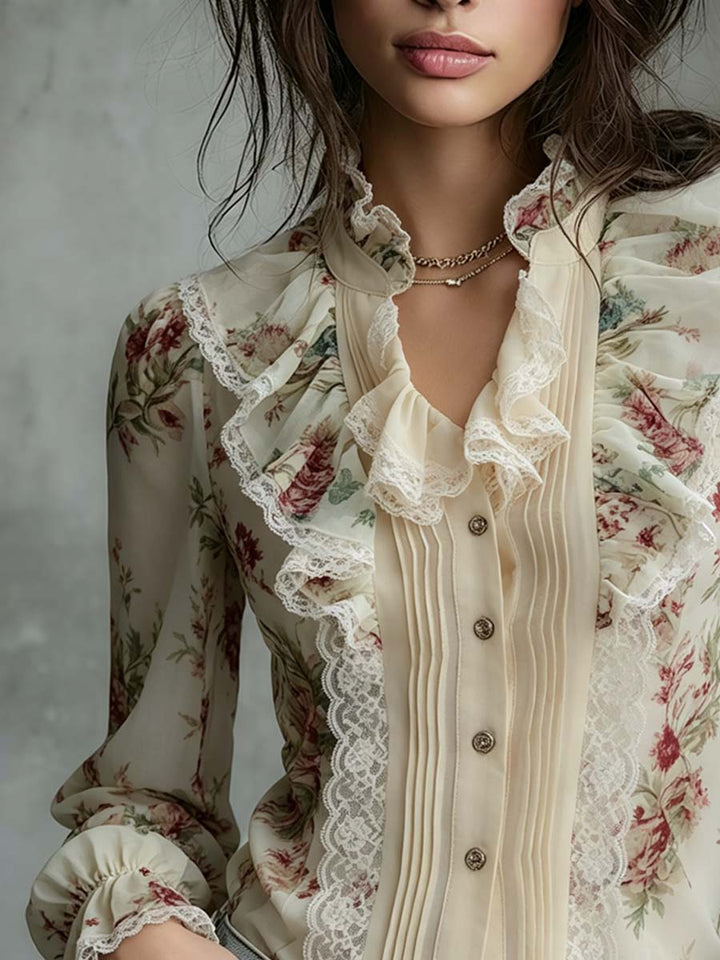 Retro Floral Satin Blouse with Lace and Vintage Oil Painting Design