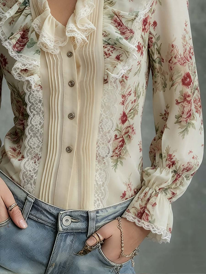Retro Floral Satin Blouse with Lace and Vintage Oil Painting Design
