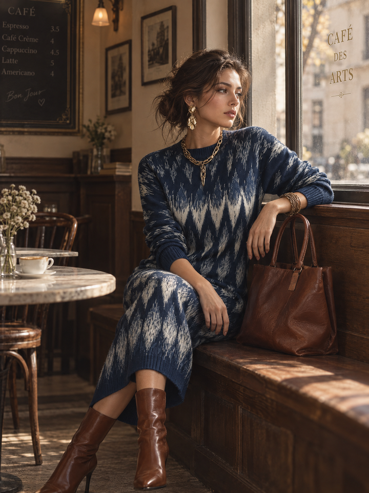 Artistic Navy Abstract Knit Maxi Dress